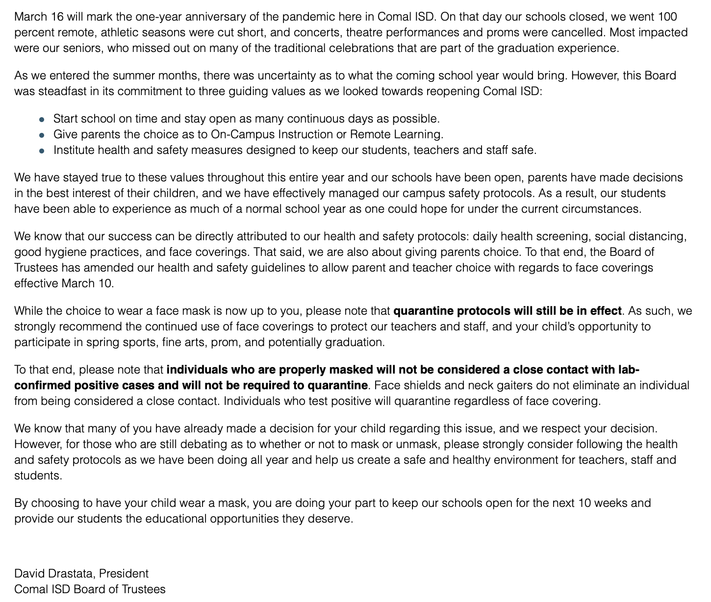 Comal ISD Letter